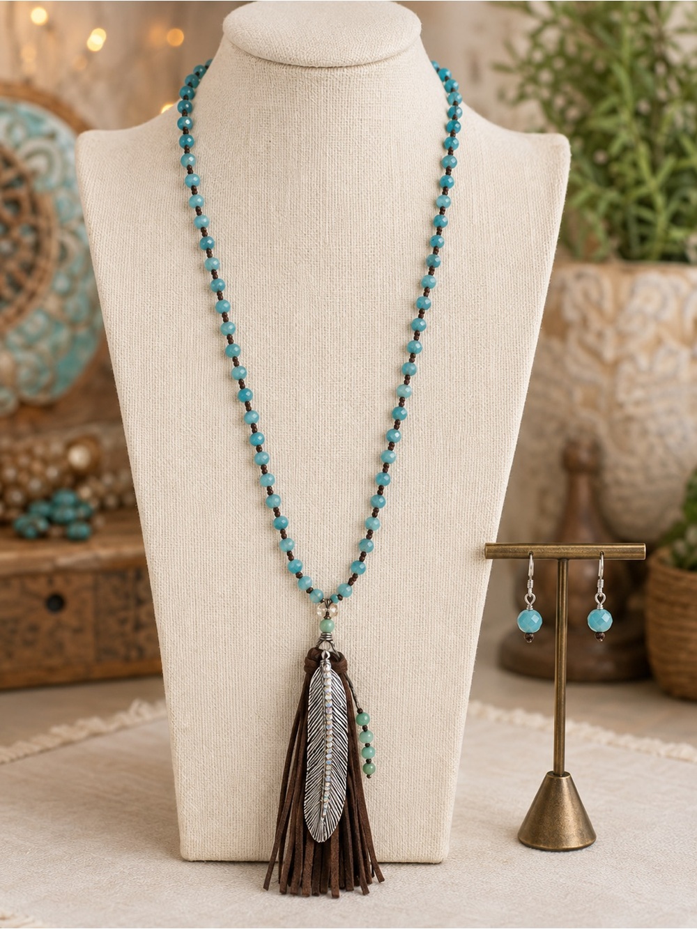 Turquoise Beaded Tassel Necklace & Earrings Set - Boho Chic